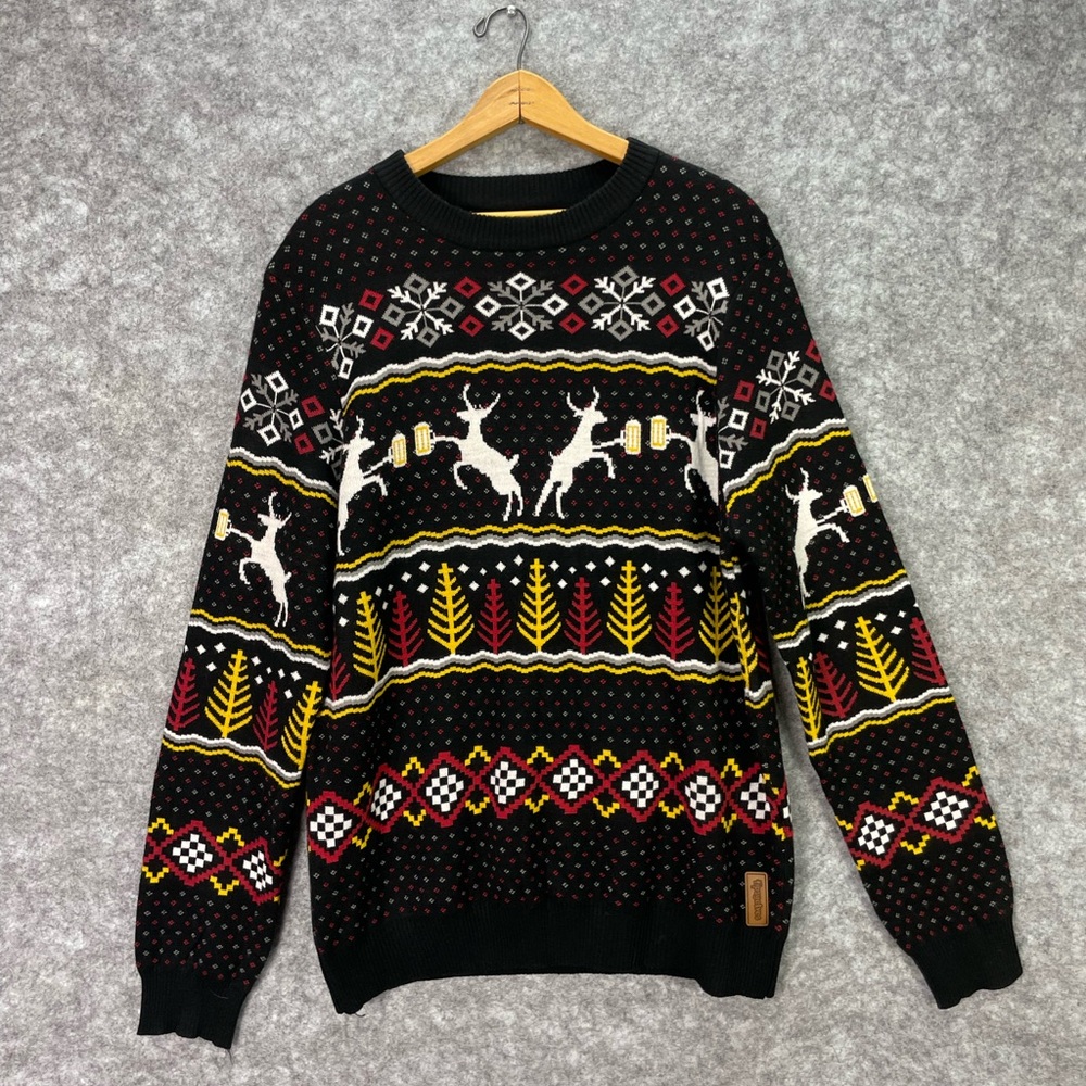 Tipsy Elves Sweater Mens Large Black Reindeer Beer Fair Isle Ugly Christmas